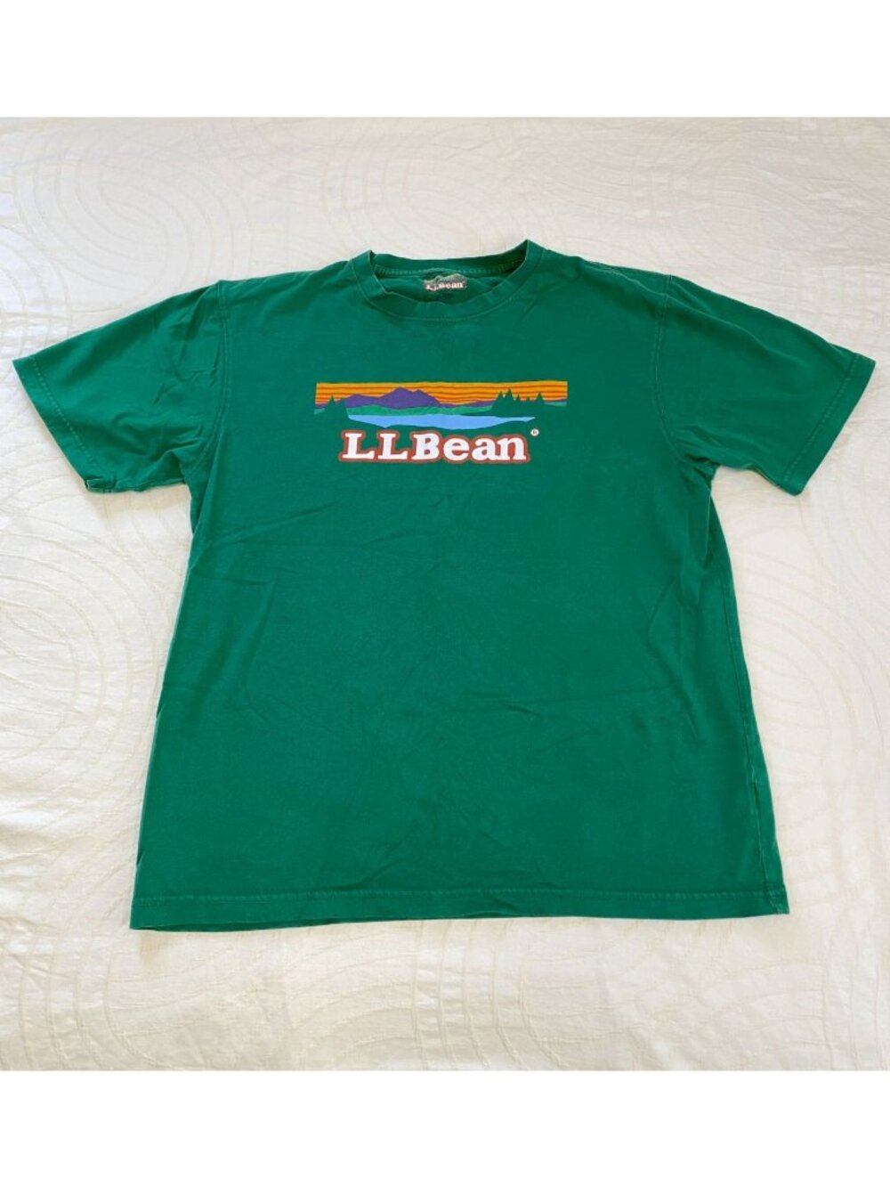LL Bean Logo TShirt Men's Medium Sunrise Over Katahdin Green Retro Style Cotton